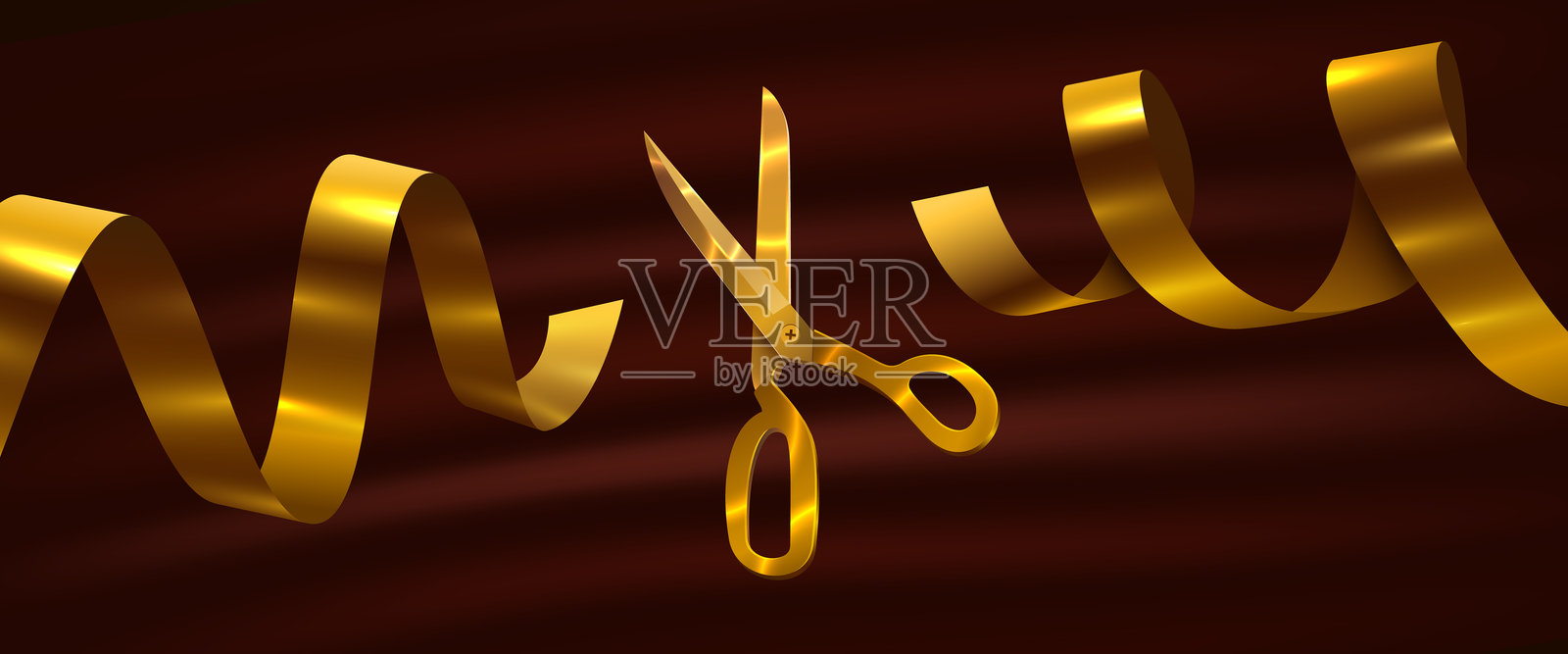 盛大开幕活动。节日剪彩仪式与金色剪刀。插画图片素材