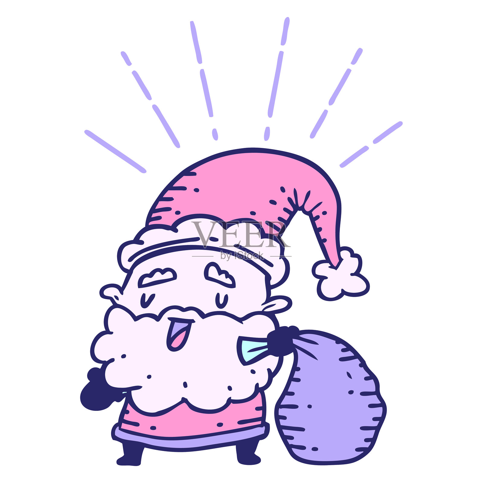 传统纹身风格的圣诞老人插图，手持装满礼物的袋子，色彩鲜艳的霓虹色。插画图片素材