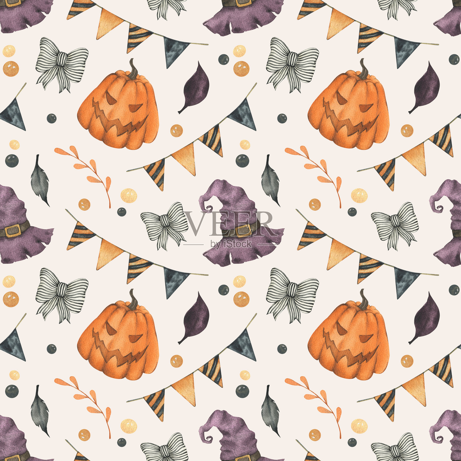 水彩万圣节无缝图案。印有万圣节南瓜、蝴蝶结、女巫帽、花环和树枝。节日设计和包装纸、纺织品的装饰。趣味假日图案。插画图片素材