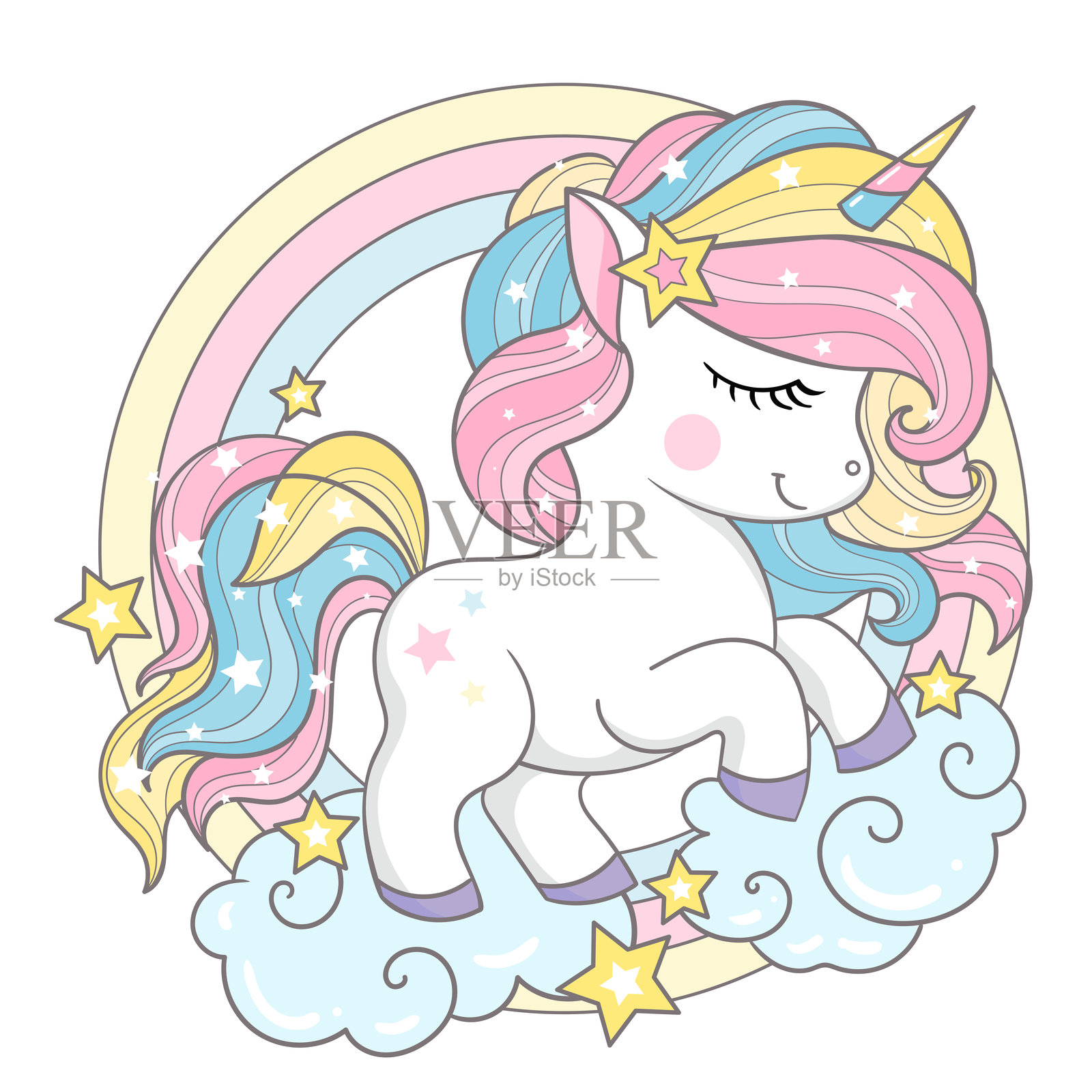 可爱的卡通独角兽与云朵和彩虹。矢量图插画图片素材