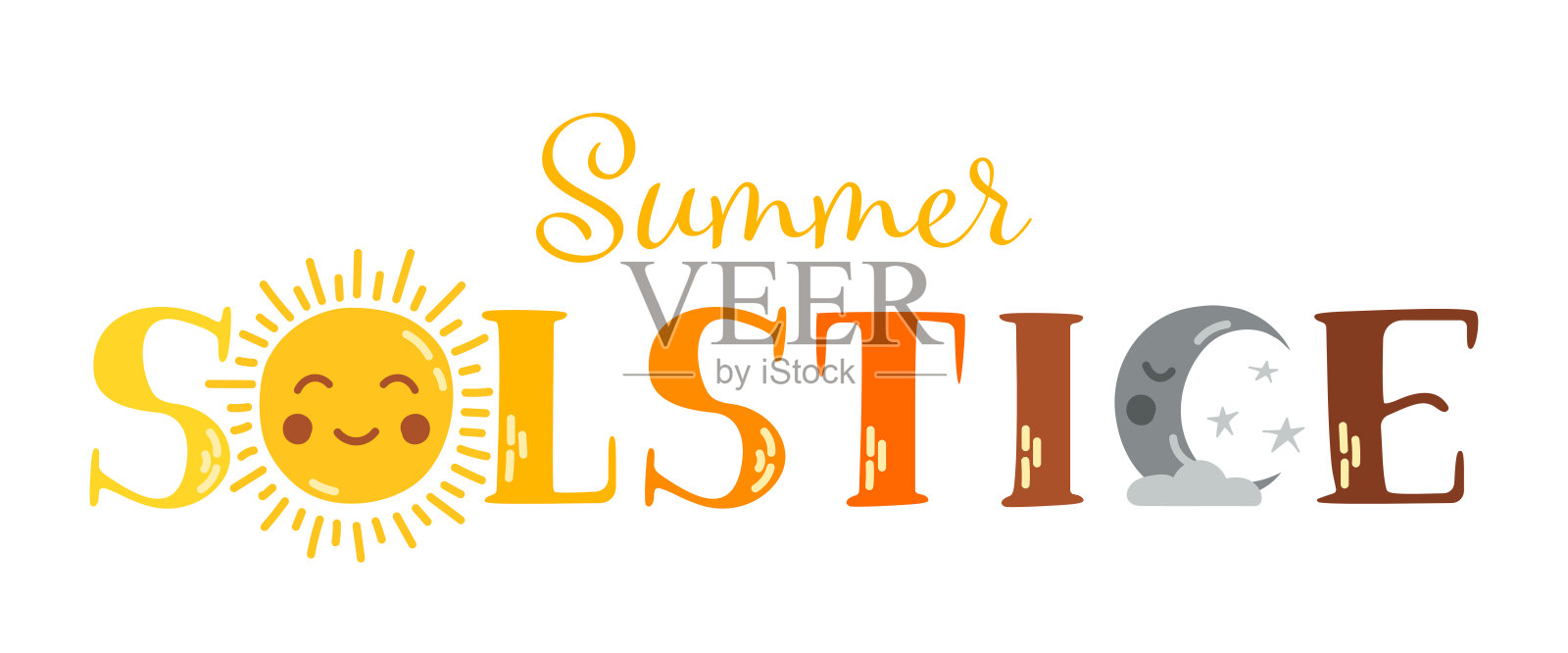夏至字母矢量排版。太阳和月亮的脸与手写文字在白色的背景。一年中最长的一天。节日的概念。模板的背景，横幅，海报，卡片。插画图片素材