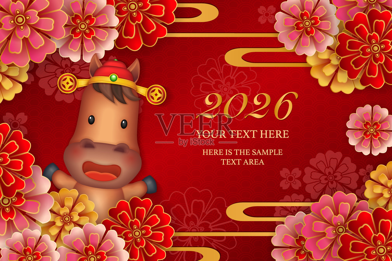 可爱的卡通马与圆形牡丹花曲线波浪的中国新年插画图片素材