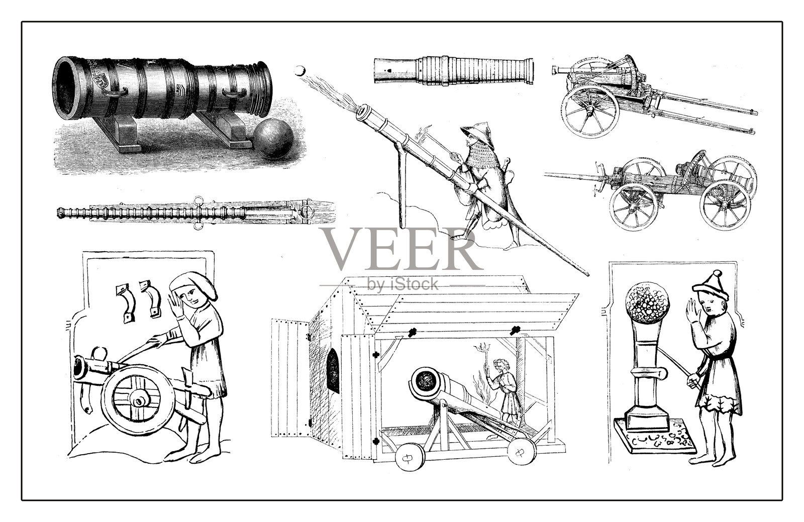 中世纪火炮，复古雕刻插画图片素材