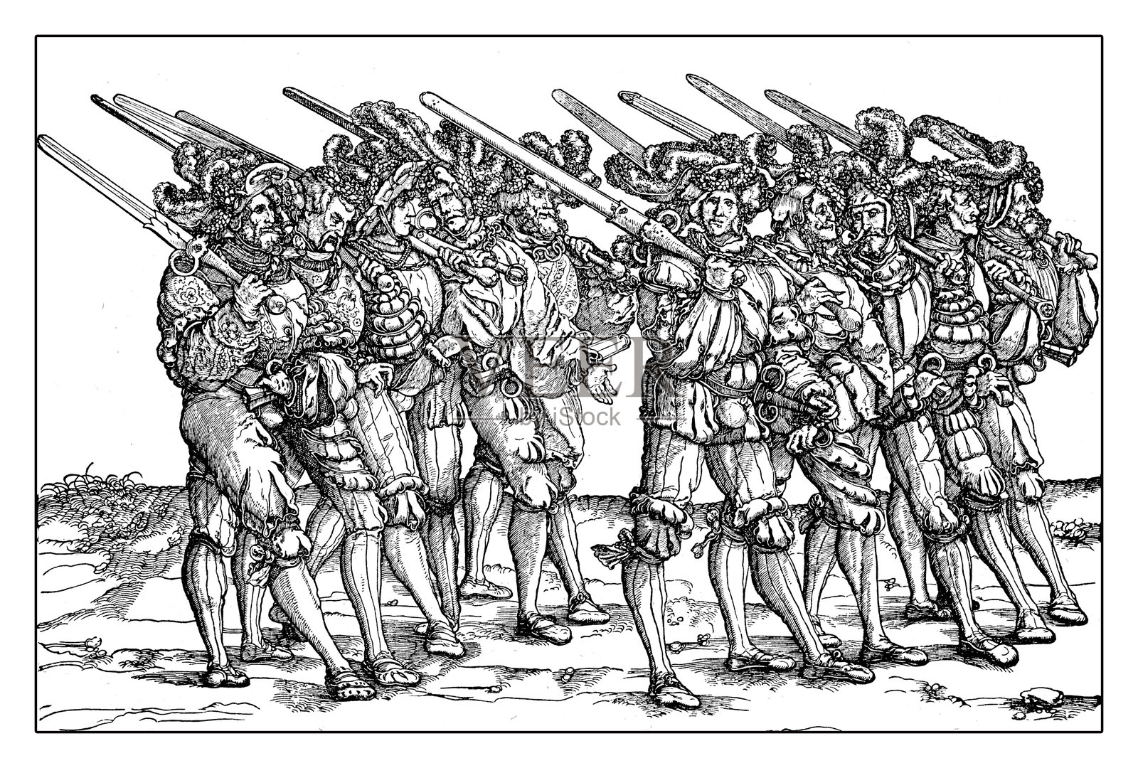 十六世纪的兰斯克内步兵，复古雕刻插画图片素材