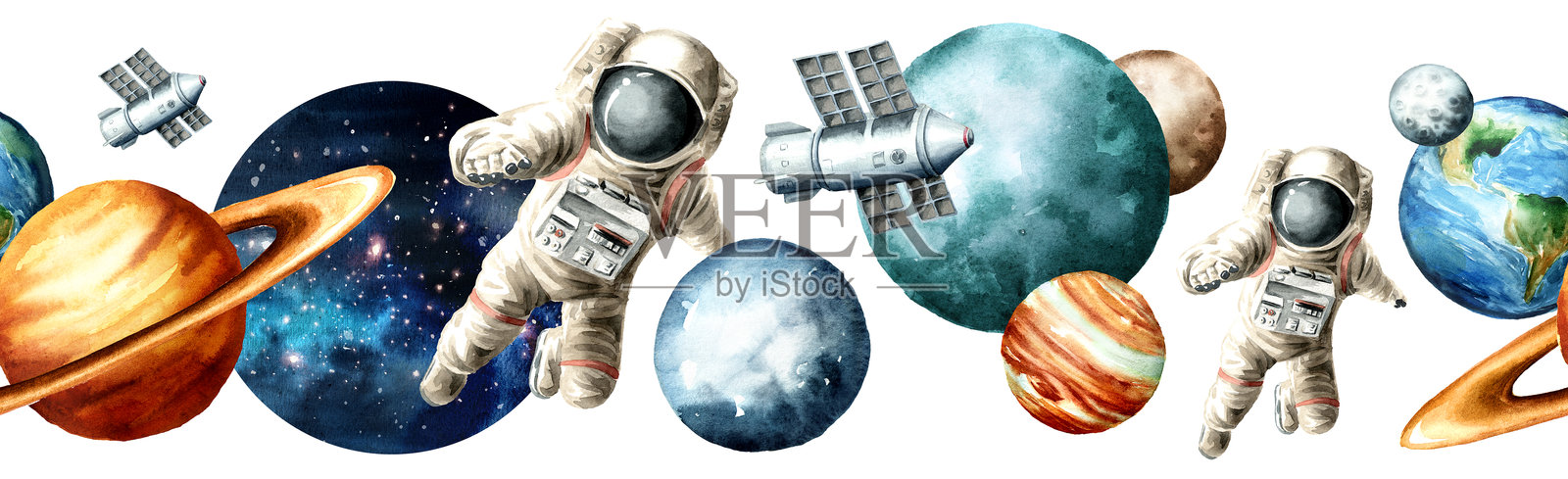 宇宙空间无缝图案边框。手绘水彩插图插画图片素材