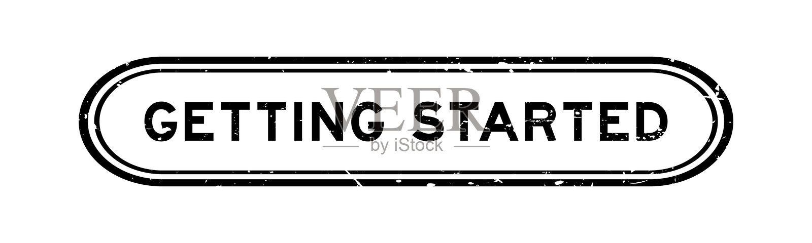 黑色磨损风格的“开始”字样橡胶印章，背景为白色插画图片素材