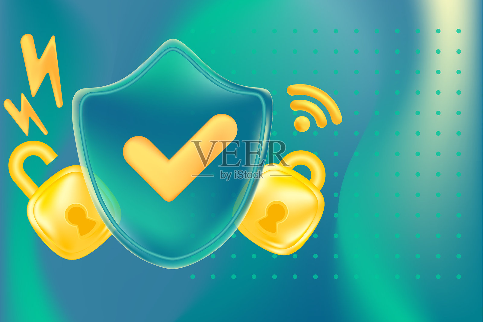 抽象的3D玻璃安全屏障，带有勾选标记图标，锁定和解锁的挂锁图标。未来派网络数据保护控制，翡翠色模糊渐变背景，留有空白。数字安全。插画图片素材