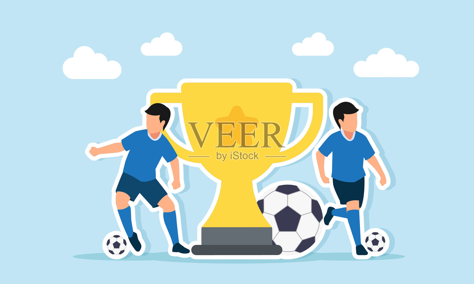 两名足球运动员在奖杯和巨型足球旁边比赛，展示一个俱乐部赢得冠军的插图插画图片素材