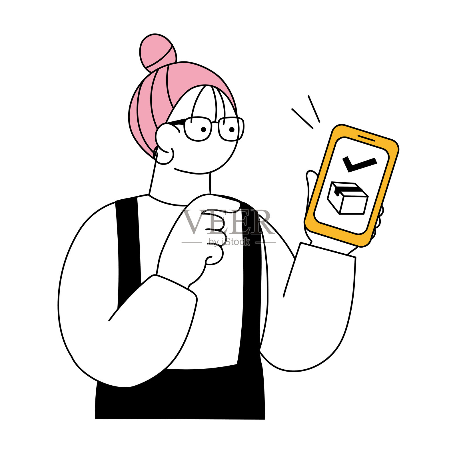 一幅简单的线条画，描绘了一位女性正在看她的智能手机。插画图片素材