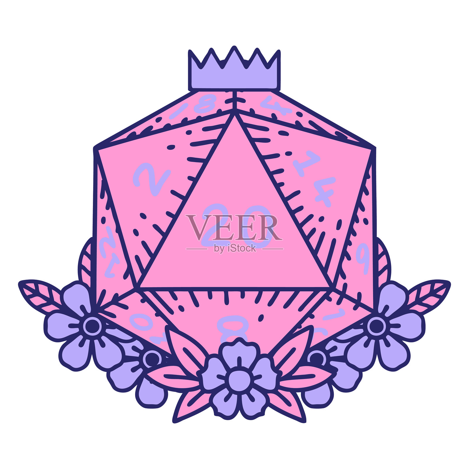 复古纹身风格的自然20面骰子掷骰，带有鲜艳霓虹色的花卉元素插画图片素材