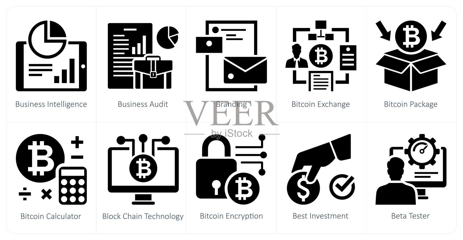 一组10个混合图标，代表商业智能、商业审计和品牌建设插画图片素材