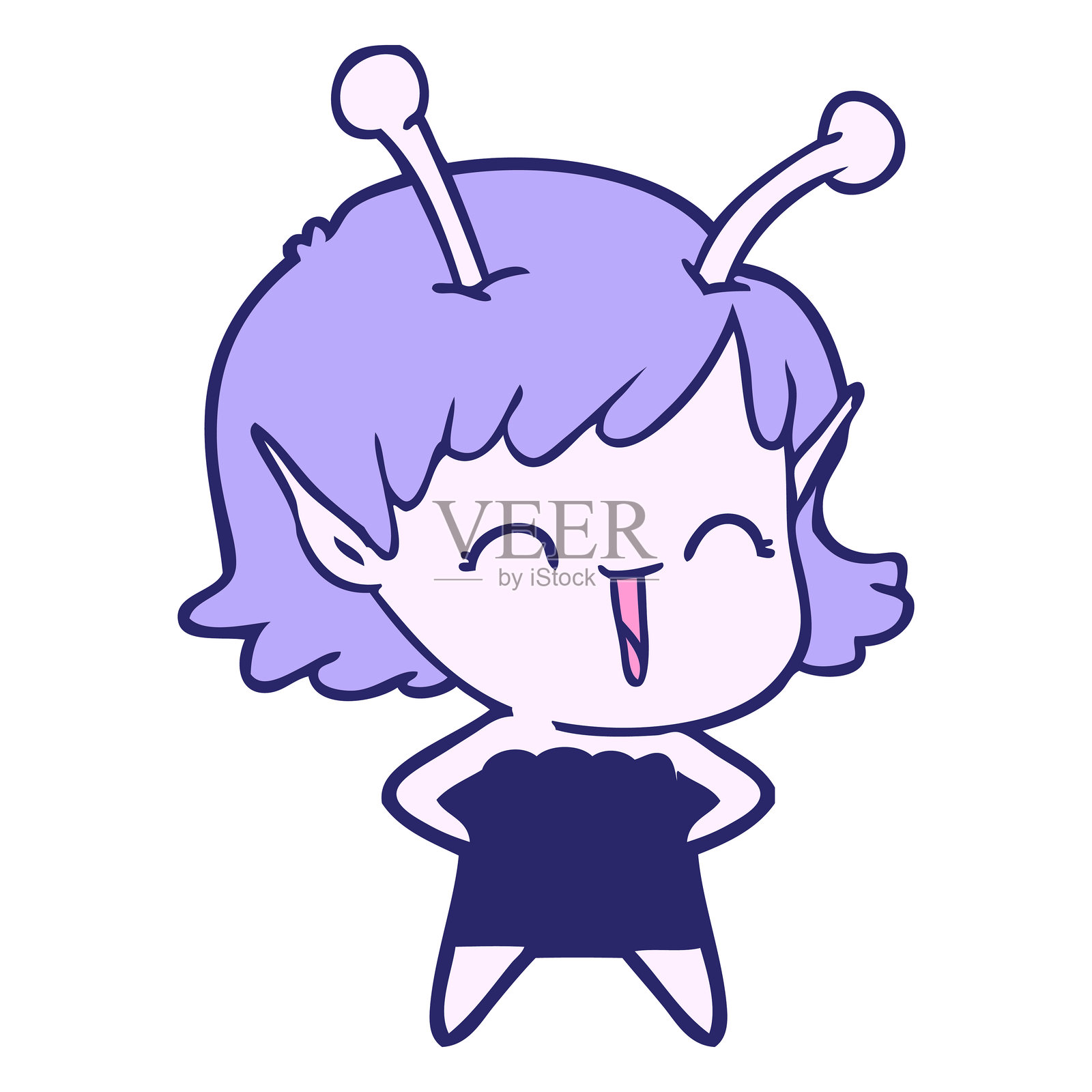 卡通外星女孩在明亮的霓虹色中大笑插画图片素材