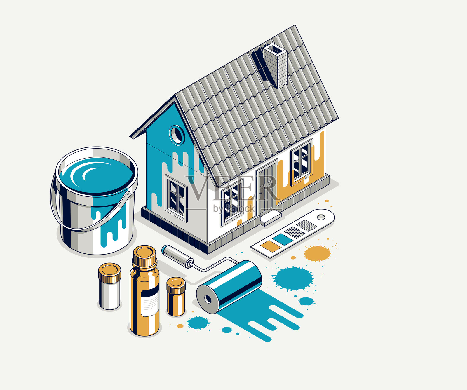 房屋外墙涂装服务的3D等距插图，专业工人进行外立面涂装翻新，住宅小家庭房屋或小屋，外部涂装建筑。插画图片素材