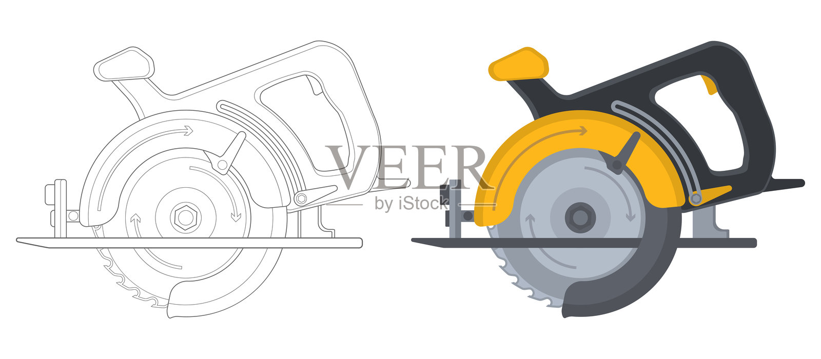 轮廓鲜明且色彩丰富的圆锯，配有钢齿圆盘。矢量平面木工工具。用于切割木材或金属的电动手工具。建筑设备。插画图片素材