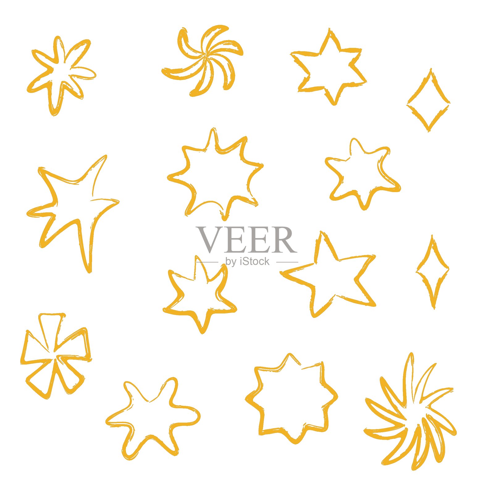 手绘质感的金色星星，铅笔素描风格插画图片素材