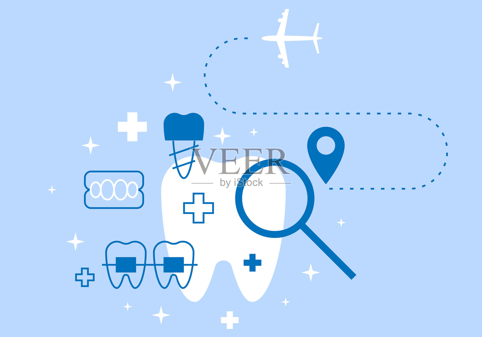 医疗旅游。牙科旅游概念。海外医疗服务背景叠加。牙医与旅行符号插画图片素材