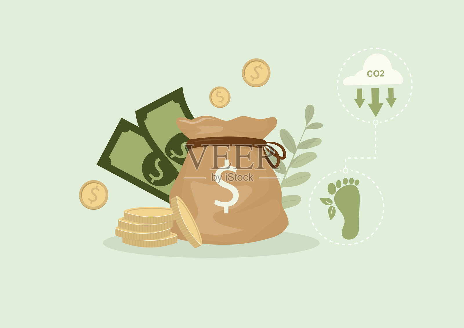 带有美元符号的钱袋、现金和硬币，旁边是二氧化碳排放和足迹插画图片素材
