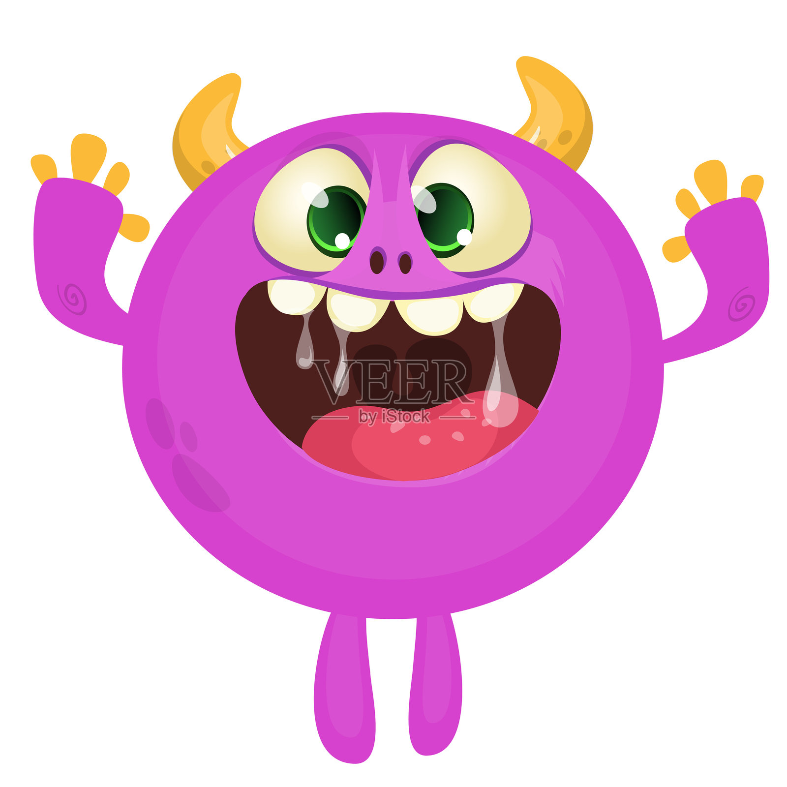 卡通可爱怪兽，面带搞笑兴奋的表情，挥动着手。矢量插图，背景为白色。万圣节设计。插画图片素材