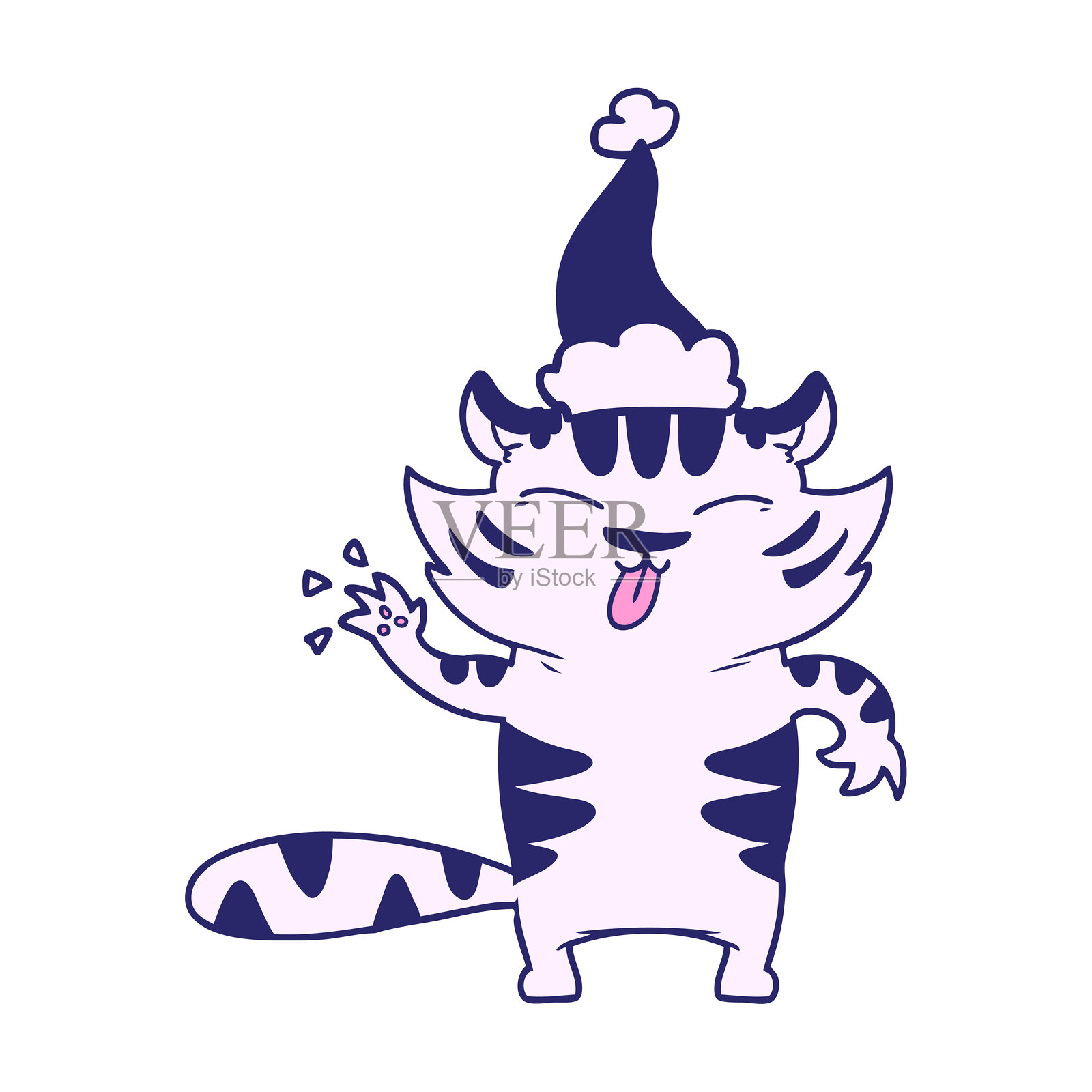 手绘线条画的白虎戴着圣诞帽，色彩鲜艳的霓虹色插画图片素材