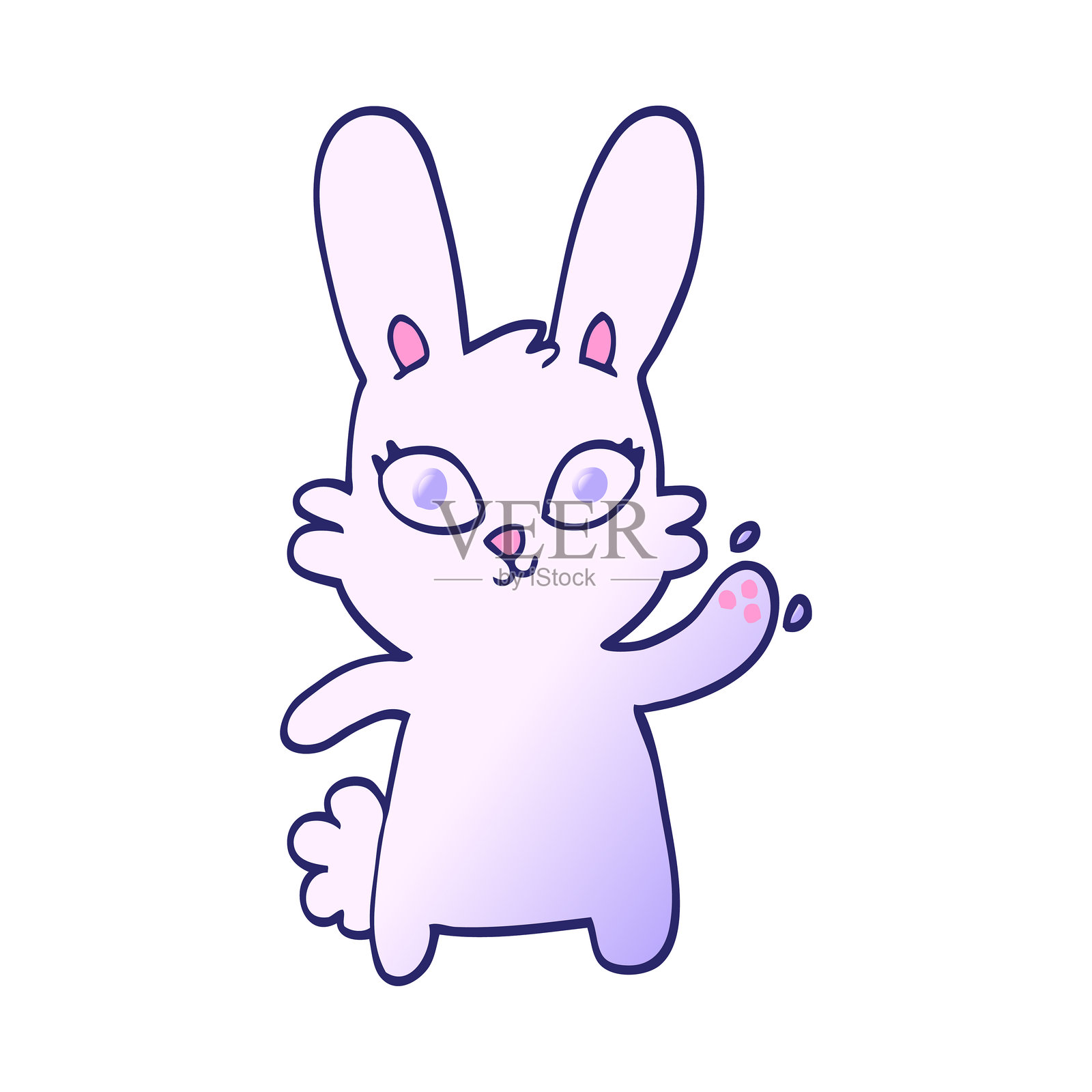 可爱的渐变矢量插图，卡通兔子在明亮的霓虹色中挥手。插画图片素材