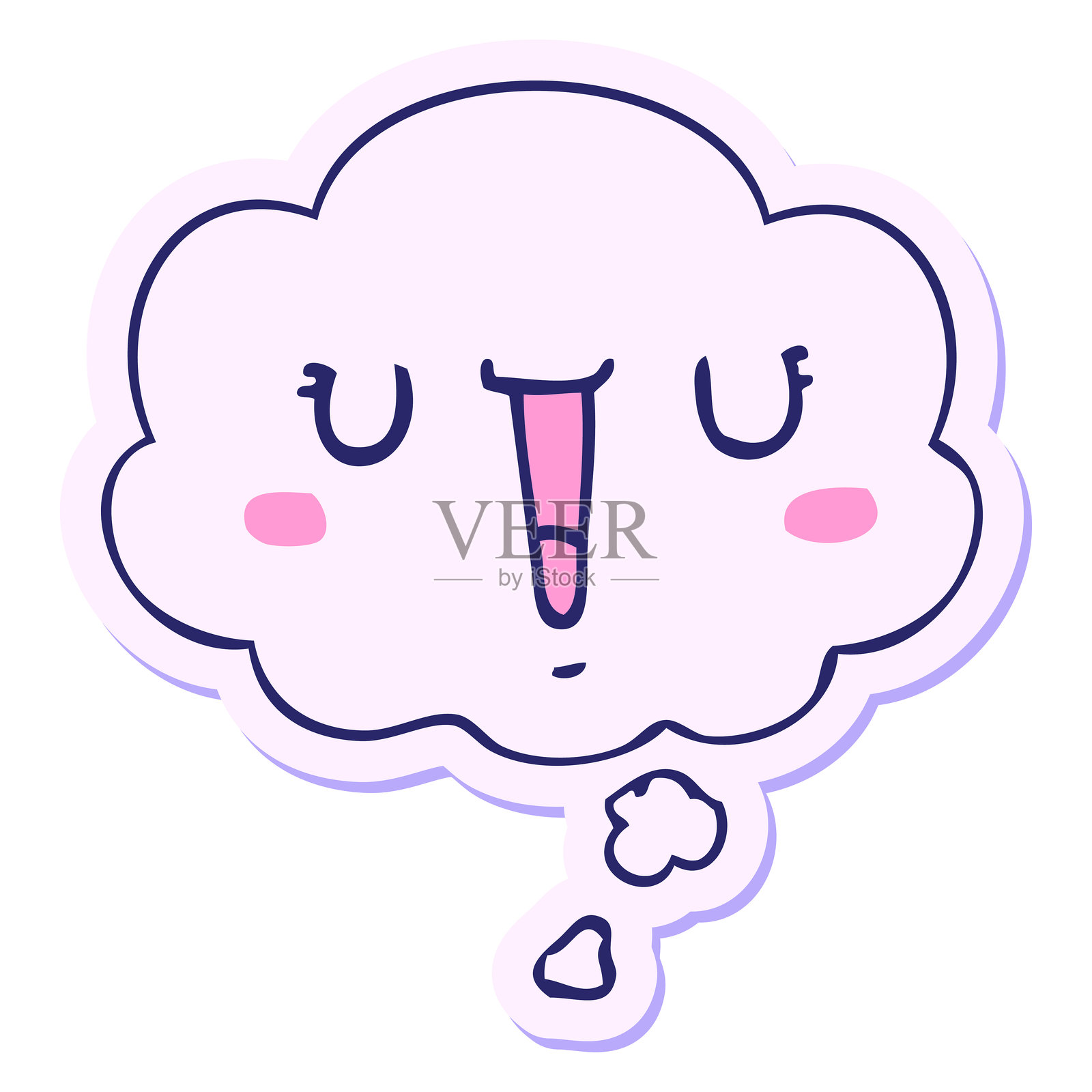 快乐的卡通脸与思考气泡，作为明亮霓虹色的印刷贴纸插画图片素材