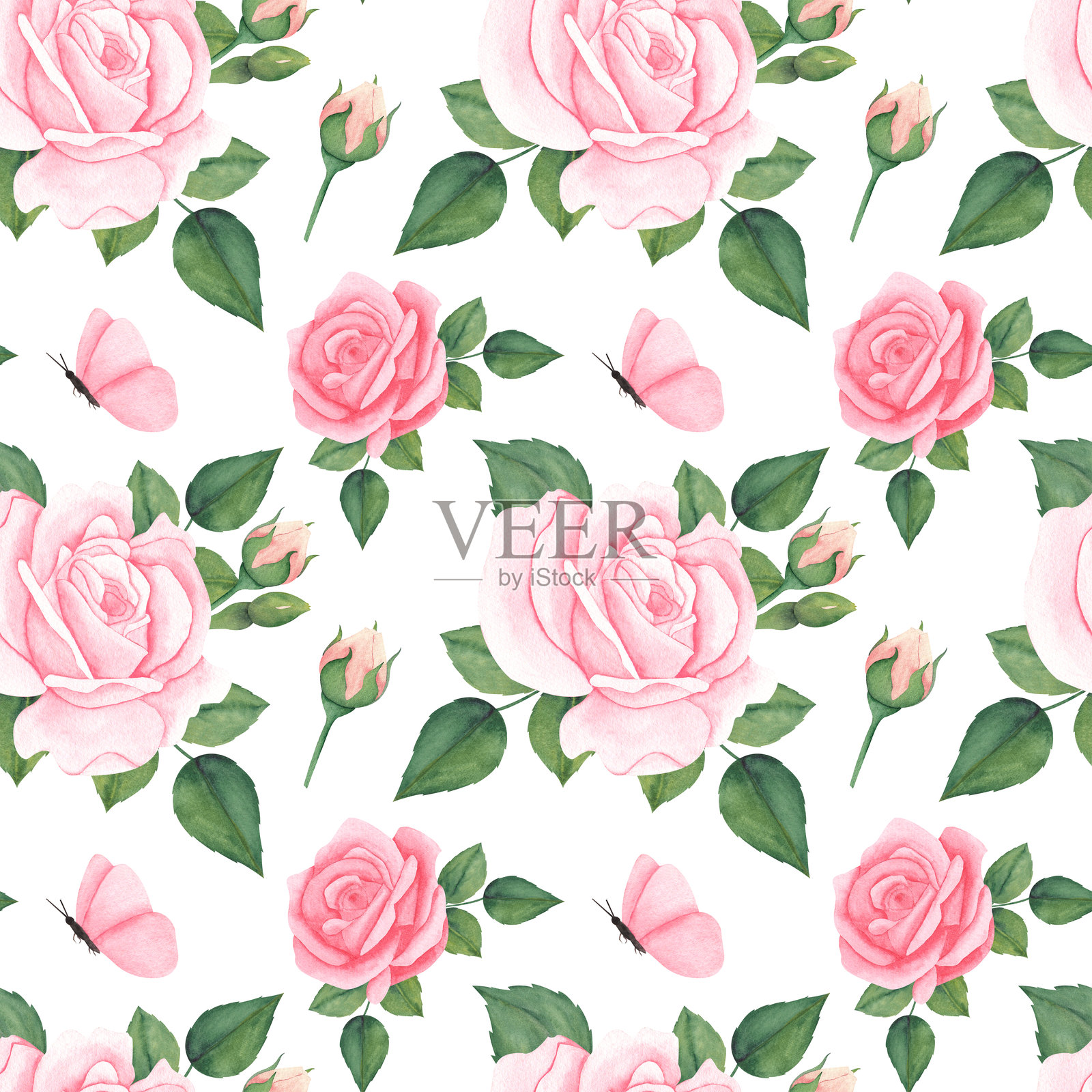 无缝水彩花卉图案-粉红色的腮红花元素，绿色的叶子树枝在白色的背景。用于包装，壁纸，明信片，贺卡，婚礼邀请，浪漫事件插画图片素材