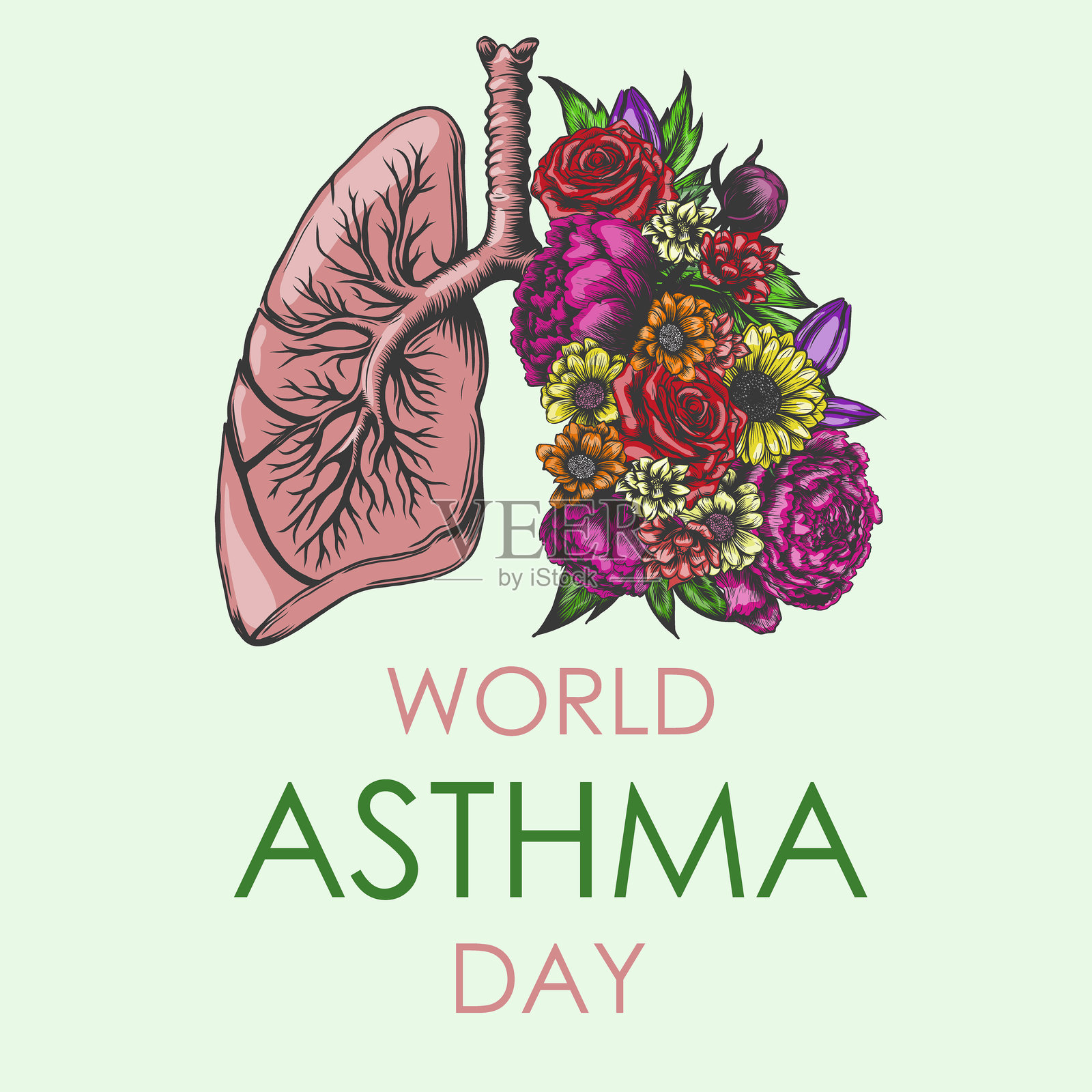 世界哮喘日。现代矢量插图卡片，社交媒体，后。手画肺，花开花落。插画图片素材