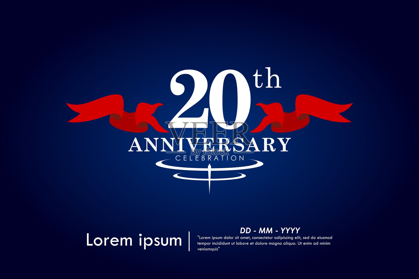 20周年纪念庆祝徽章。恭喜优雅的周年纪念标志，带有红色丝带，背景为深蓝色。网页横幅的矢量插图模板设计。插画图片素材