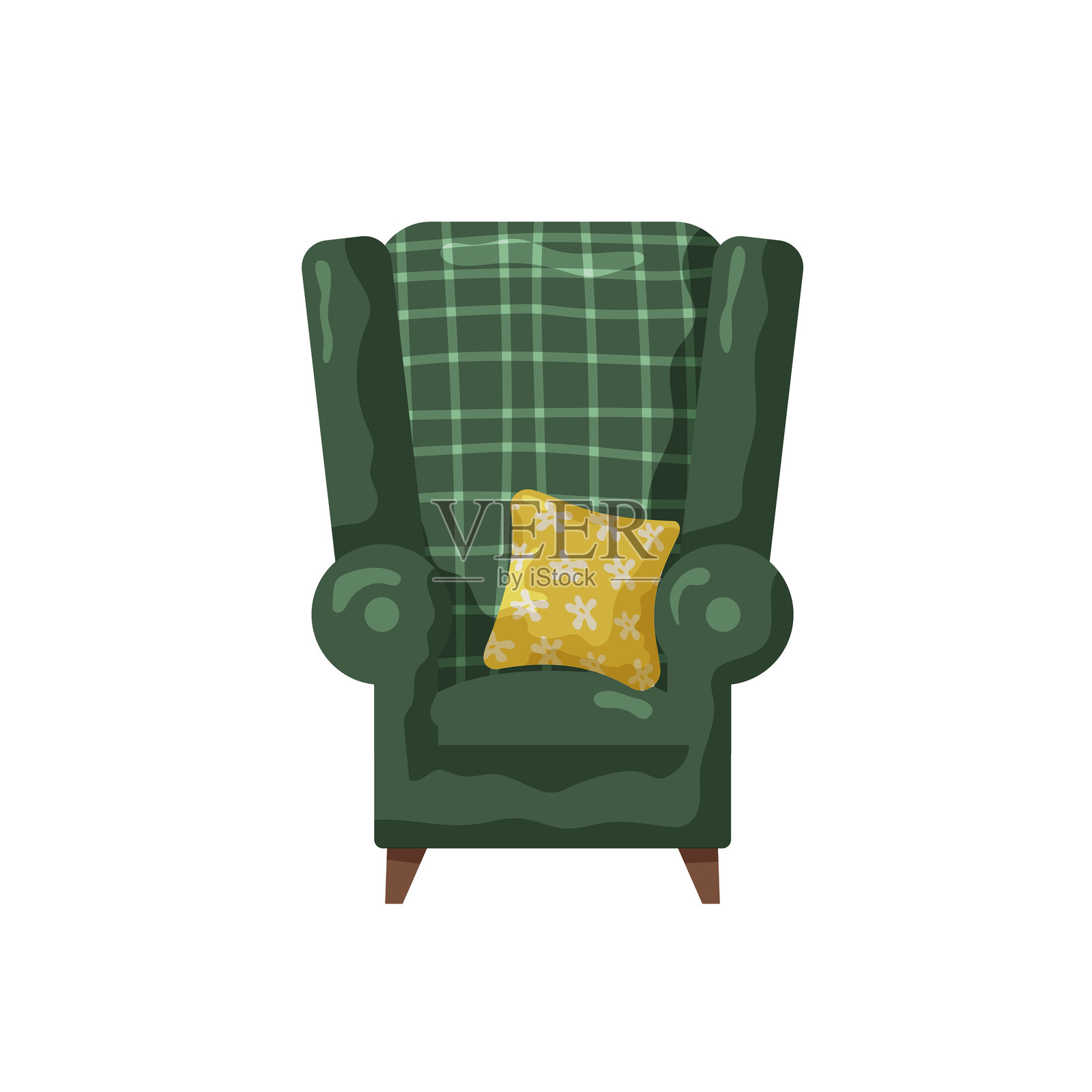 绿色靠背椅上放着一个花卉图案的抱枕，置于温馨的客厅环境中插画图片素材