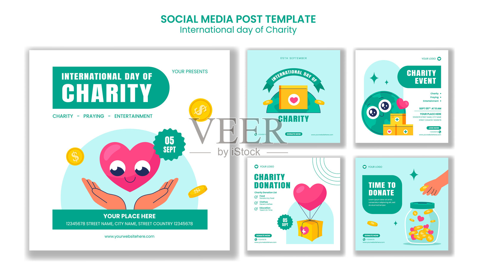 慈善日社交媒体帖子，平面卡通手绘设计模板插图插画图片素材