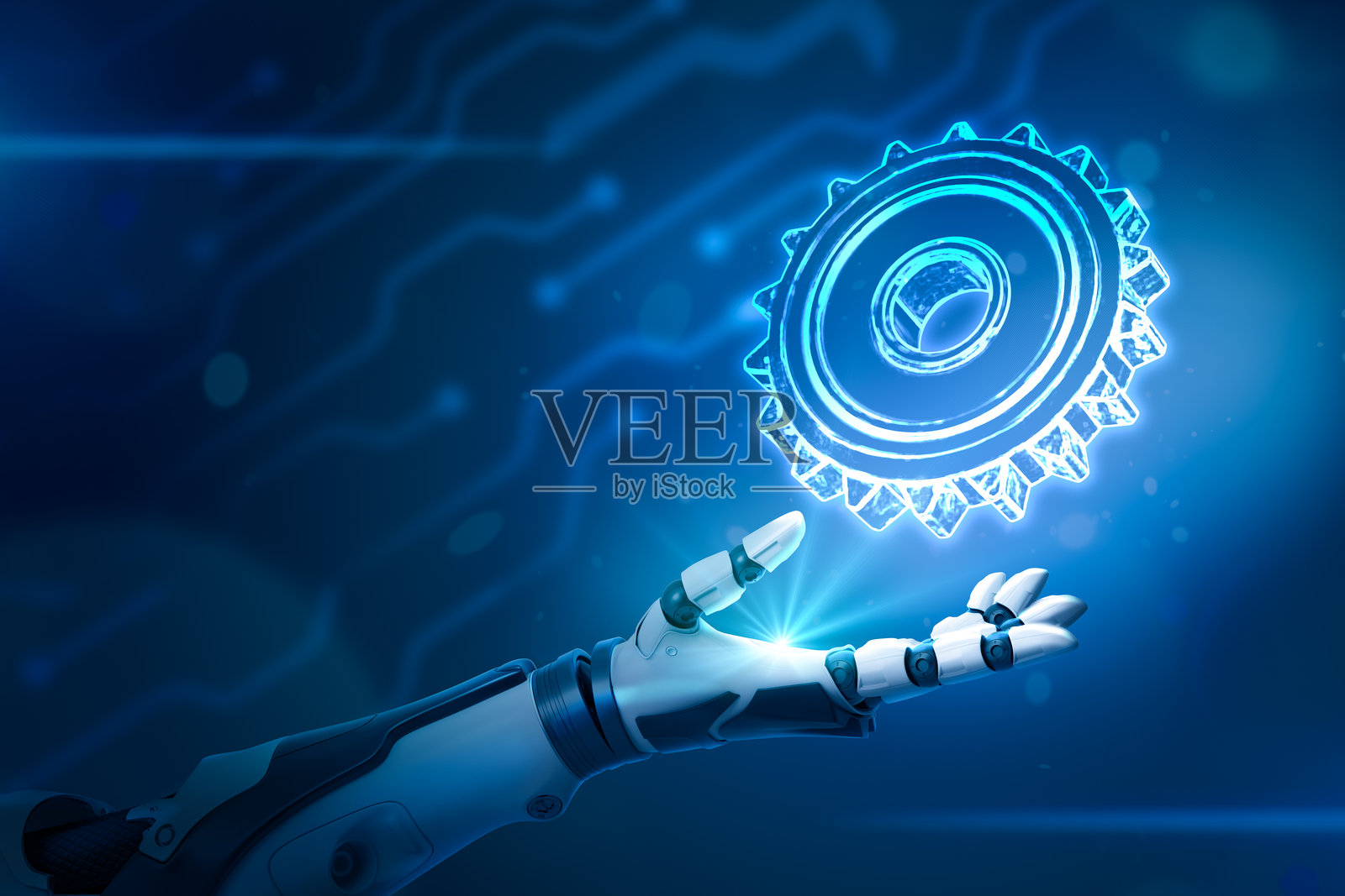 在霓虹蓝的背景上有灰色齿轮的机械手照片摄影图片