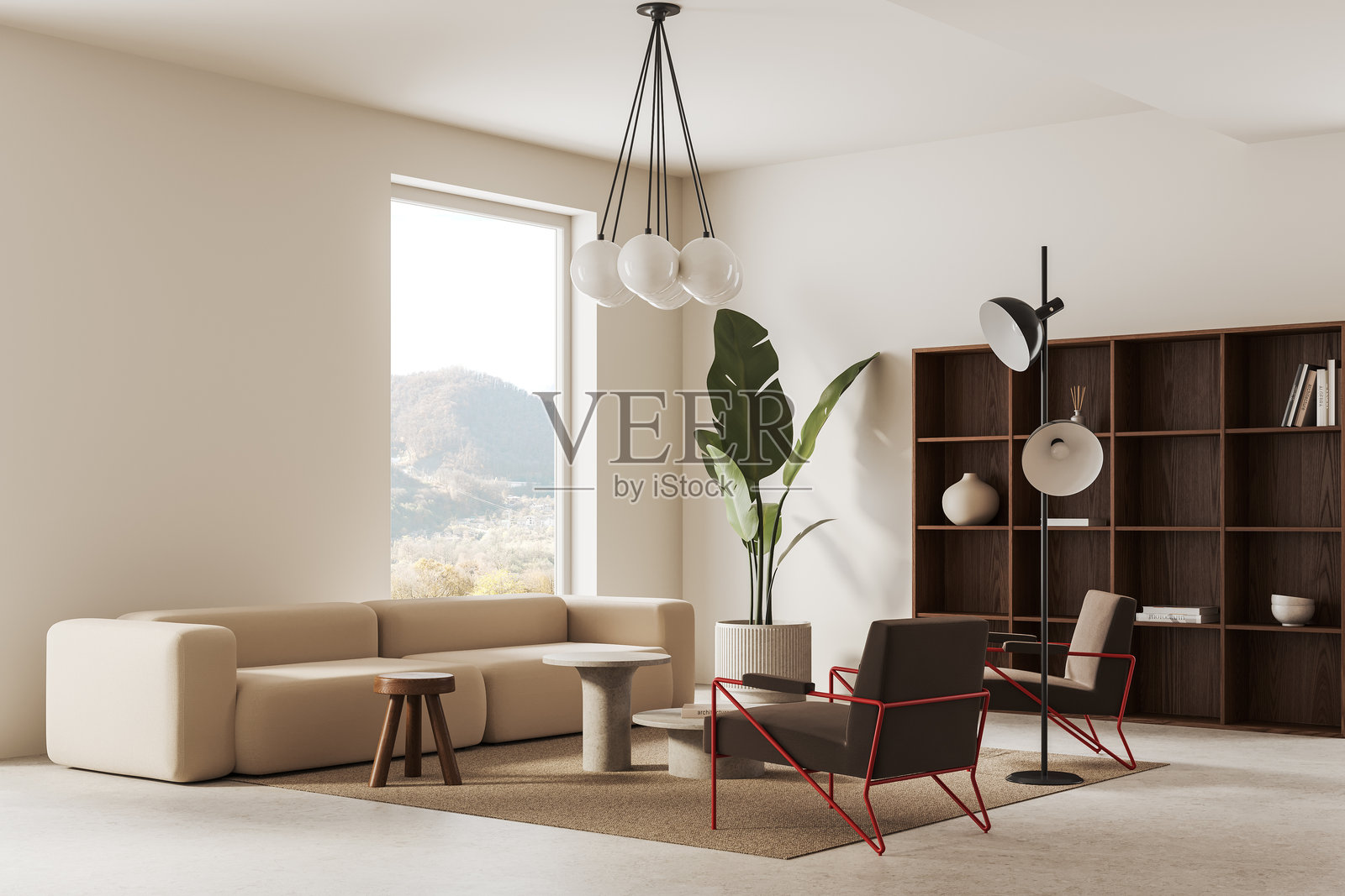 舒适的家庭客厅内部配有沙发和咖啡桌，带窗户的架子照片摄影图片