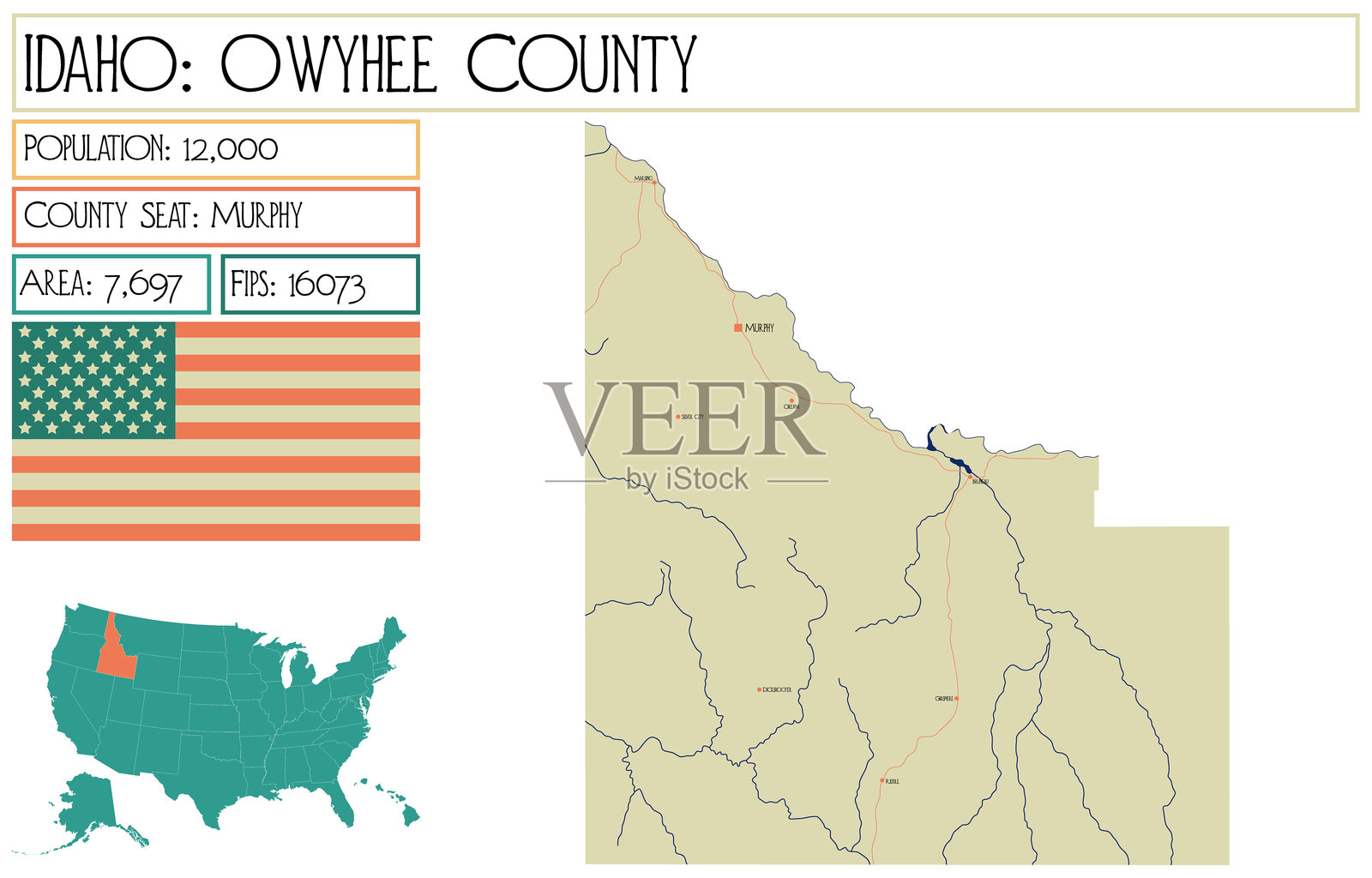 美国爱达荷州奥怀希县的大型详细地图。插画图片素材