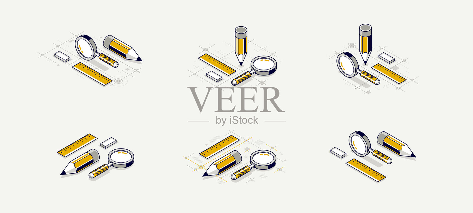 工程项目概念集，纸质文件蓝图工程师工作矢量3D等距插图，抽象草图，CAD技术计划。插画图片素材