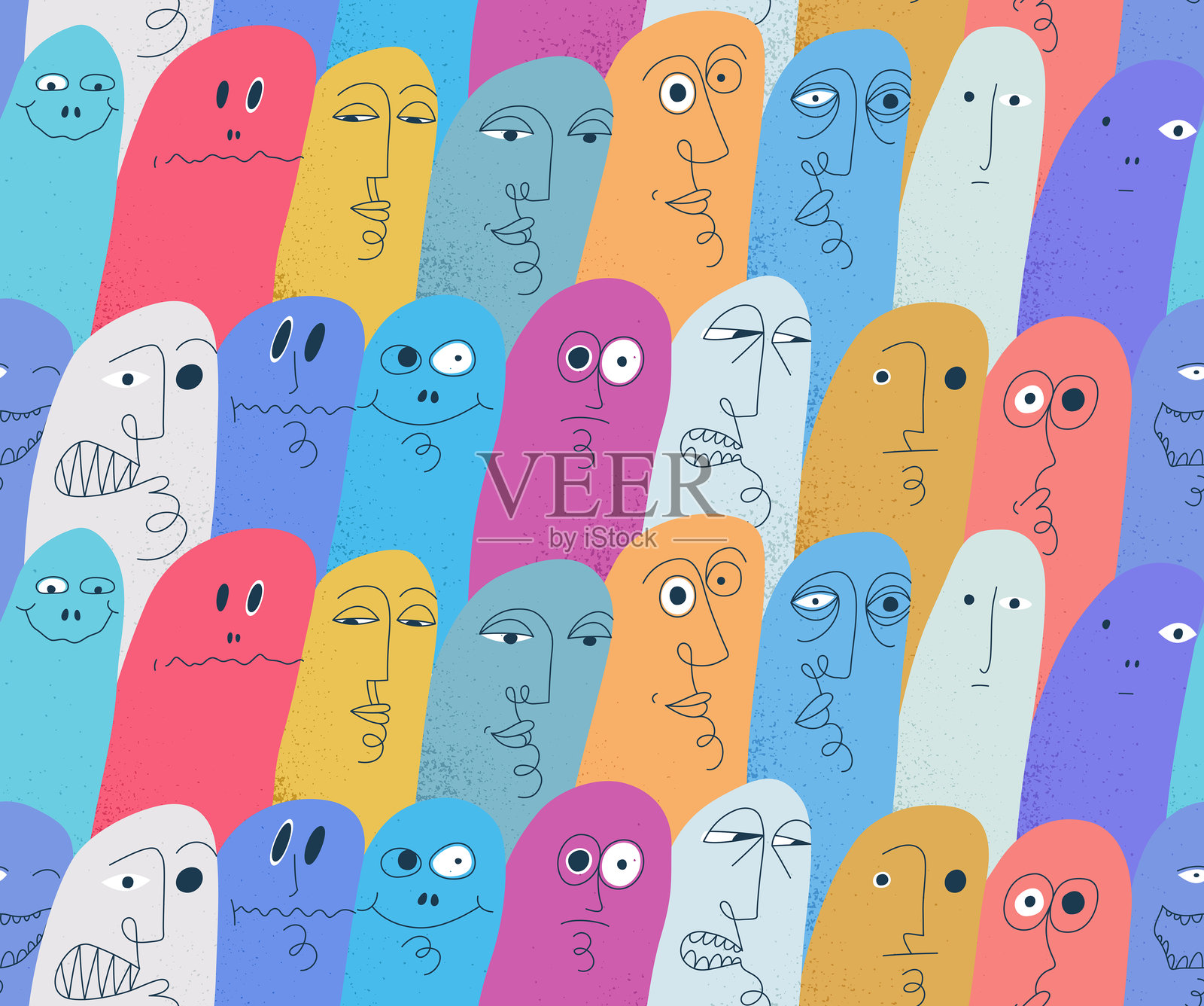 有趣的奇怪鬼魂无缝背景，矢量恶搞卡通角色拼贴壁纸，元素可单独轻松使用。插画图片素材