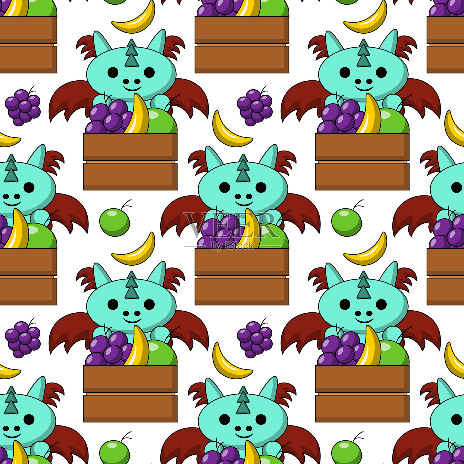 无缝图案与可爱的龙与木盒和水果插画图片素材