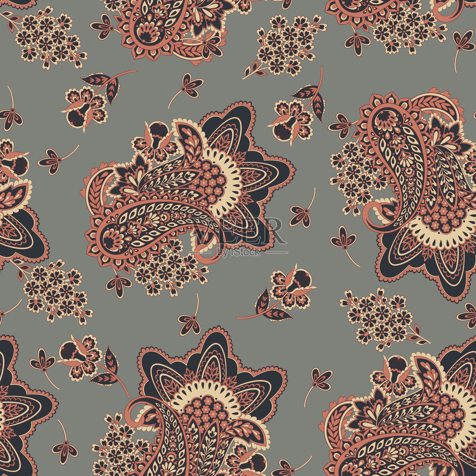 佩斯利矢量无缝图案。奇幻花卉，叶子。纺织波西米亚印花。蜡染画。复古风格插画图片素材