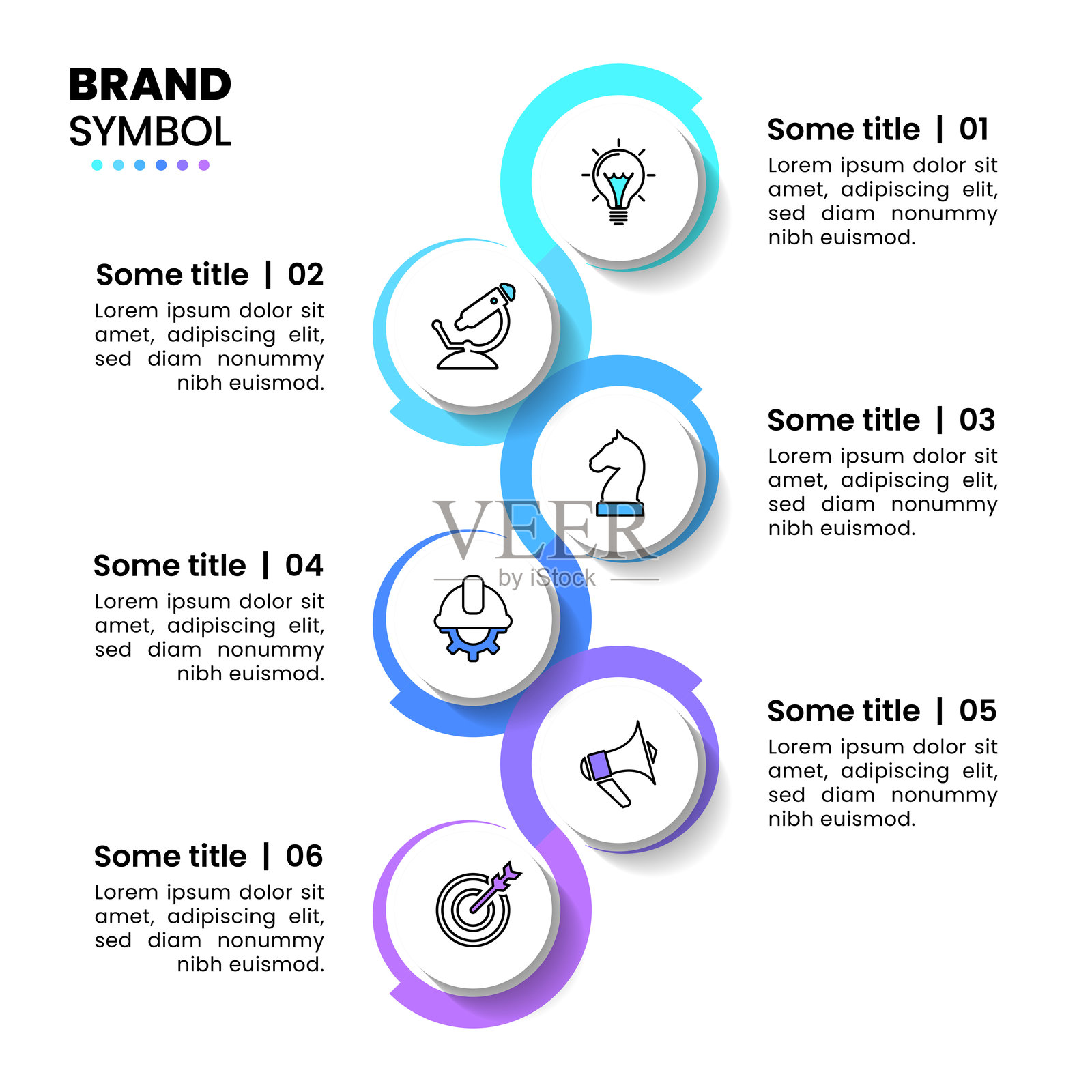 信息图模板。垂直线条与6个圆圈和图标插画图片素材