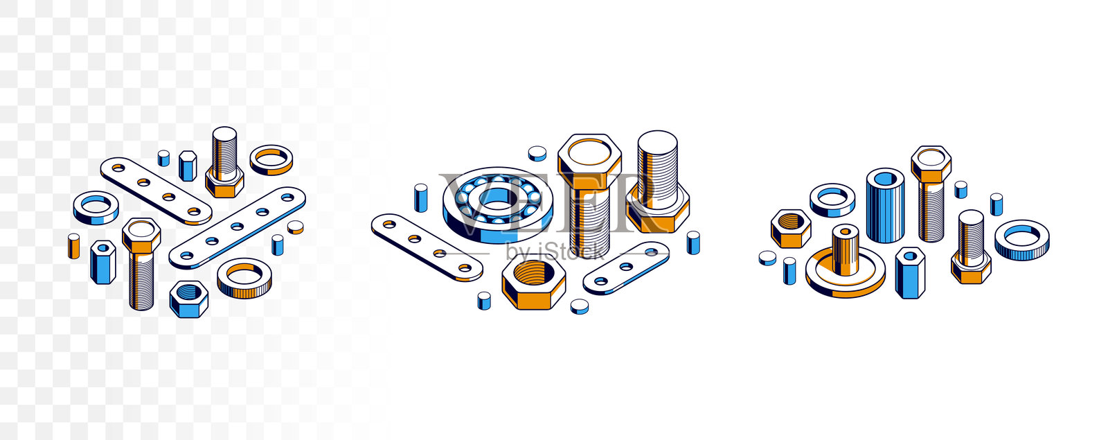 螺栓和螺母的三维等距矢量图，维修和保养服务概念。插画图片素材