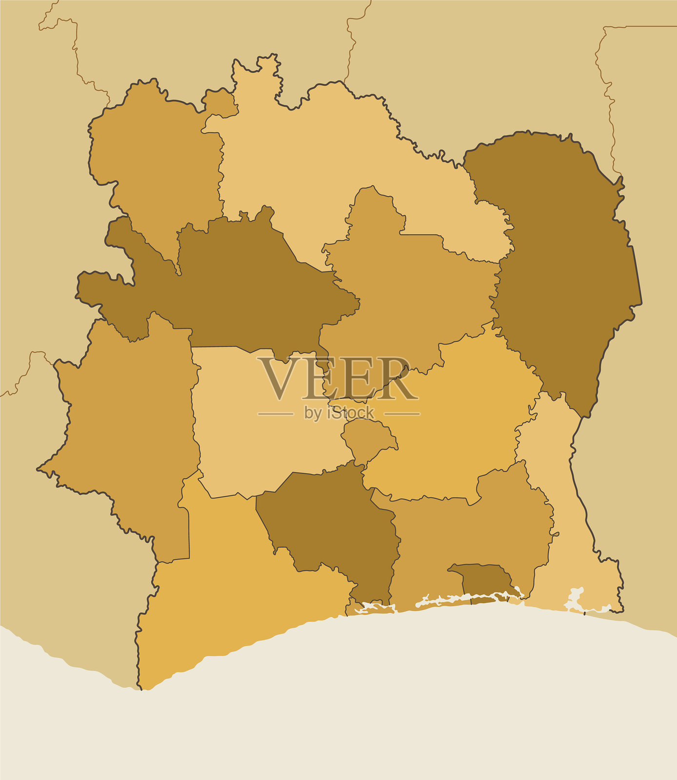 高详细的科特迪瓦(象牙海岸)地图与地区和国界插画图片素材