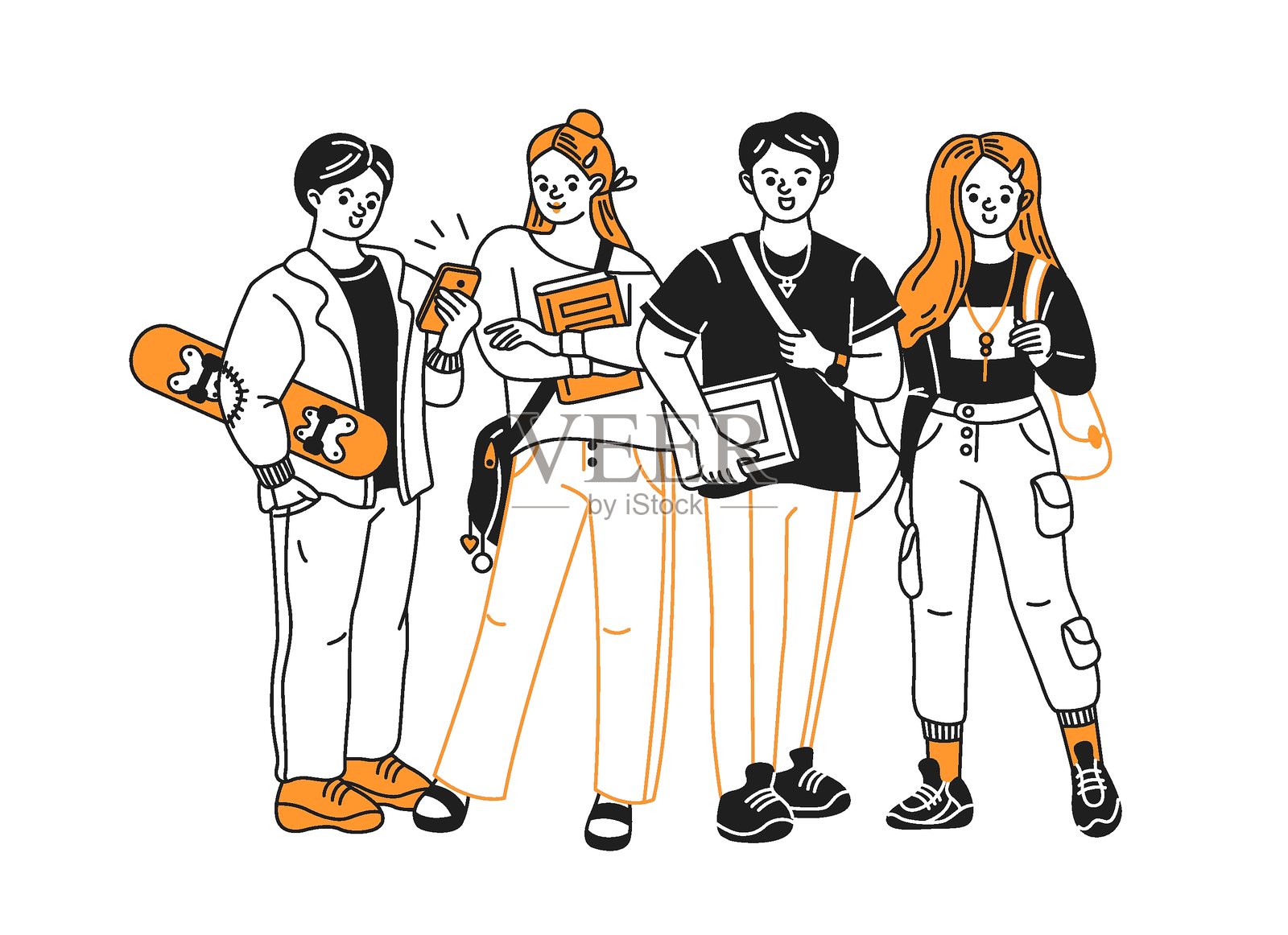 一群青少年聚在一起，玩着电子设备和阅读书籍插画图片素材