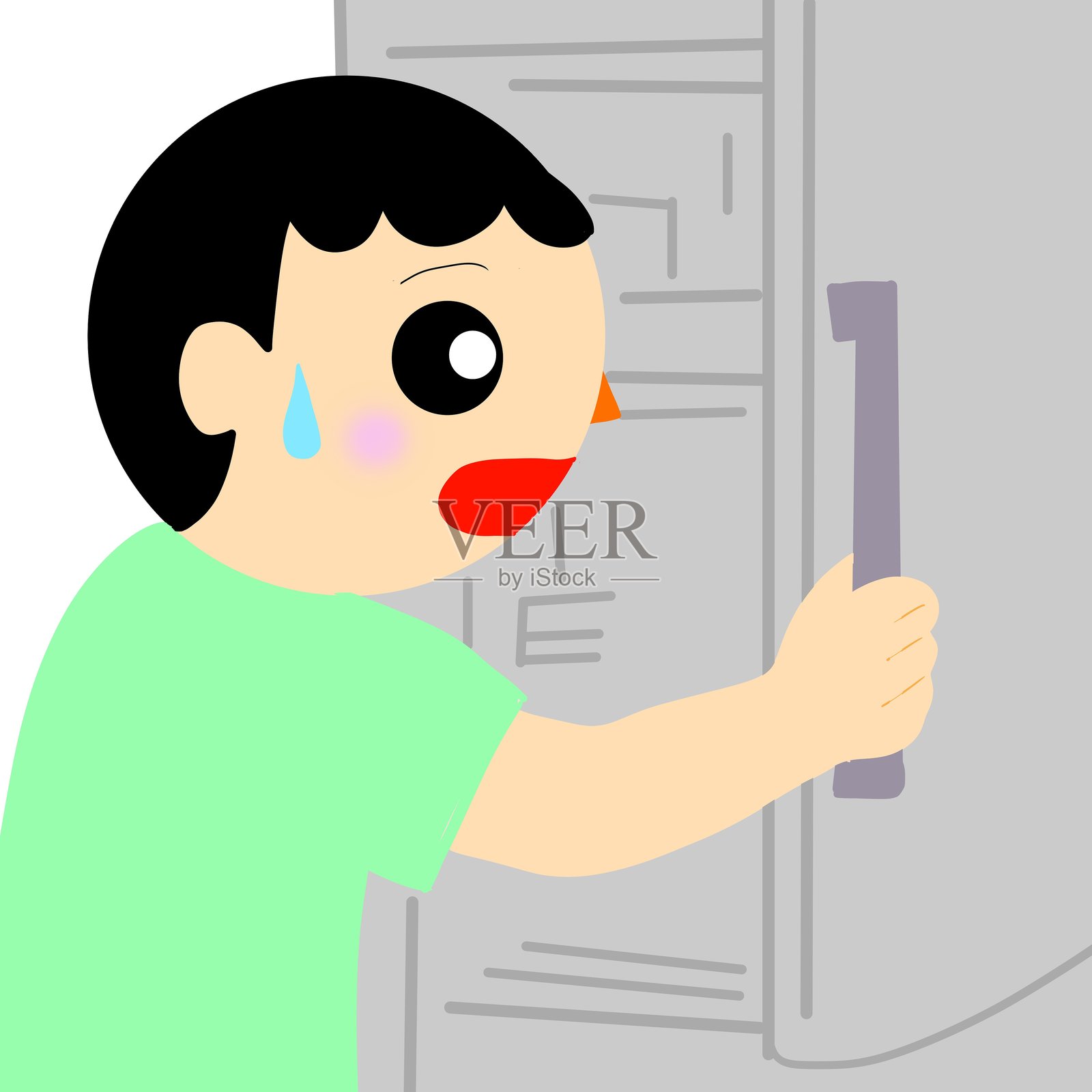 孩子打开冰箱说：“太热了！”插画图片素材
