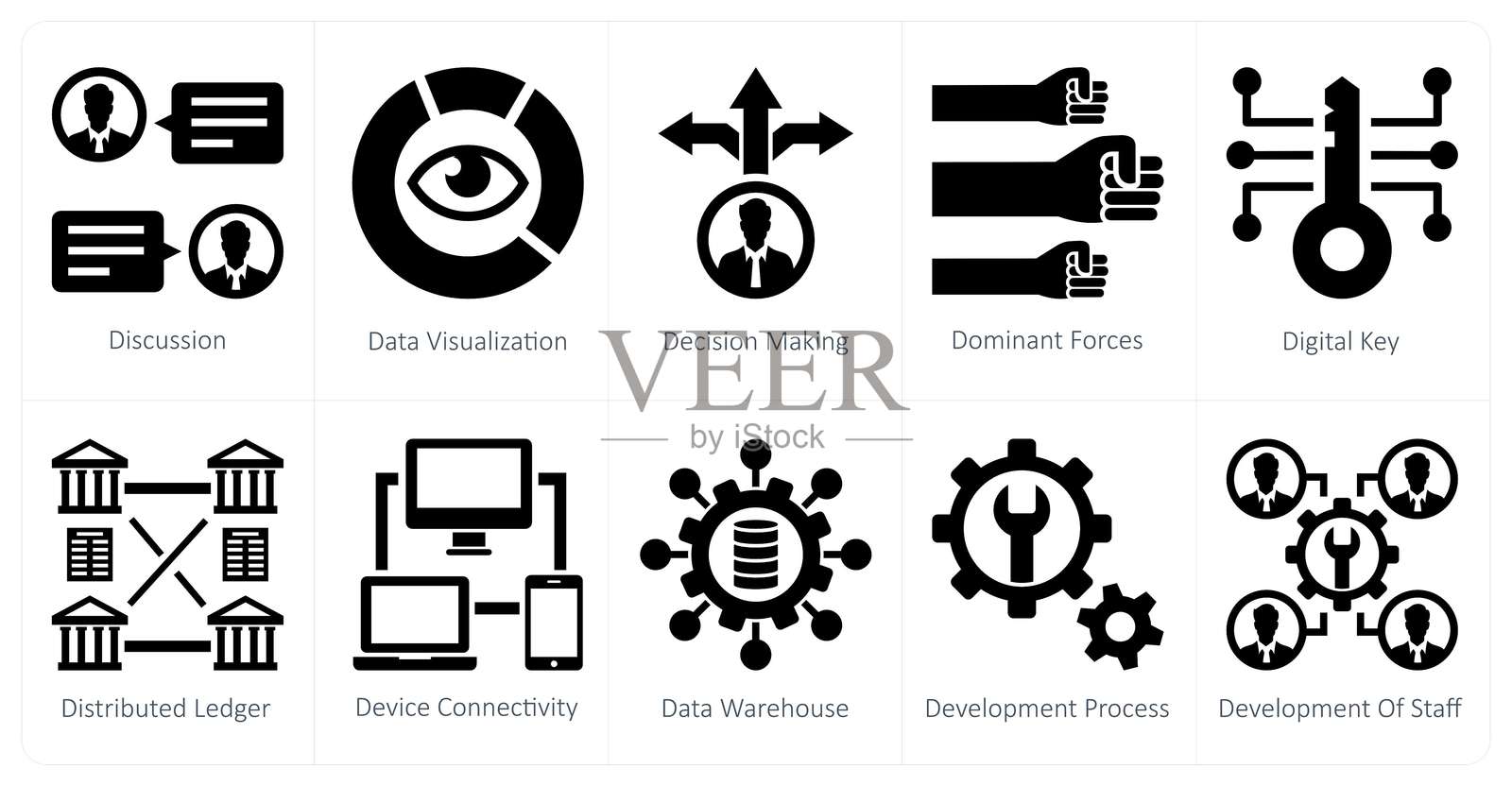 一组10个混合图标，主题为讨论、数据可视化和决策制定插画图片素材