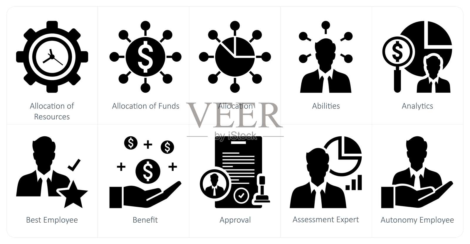 一组10个混合图标，表示资源分配、资金分配和分配。插画图片素材