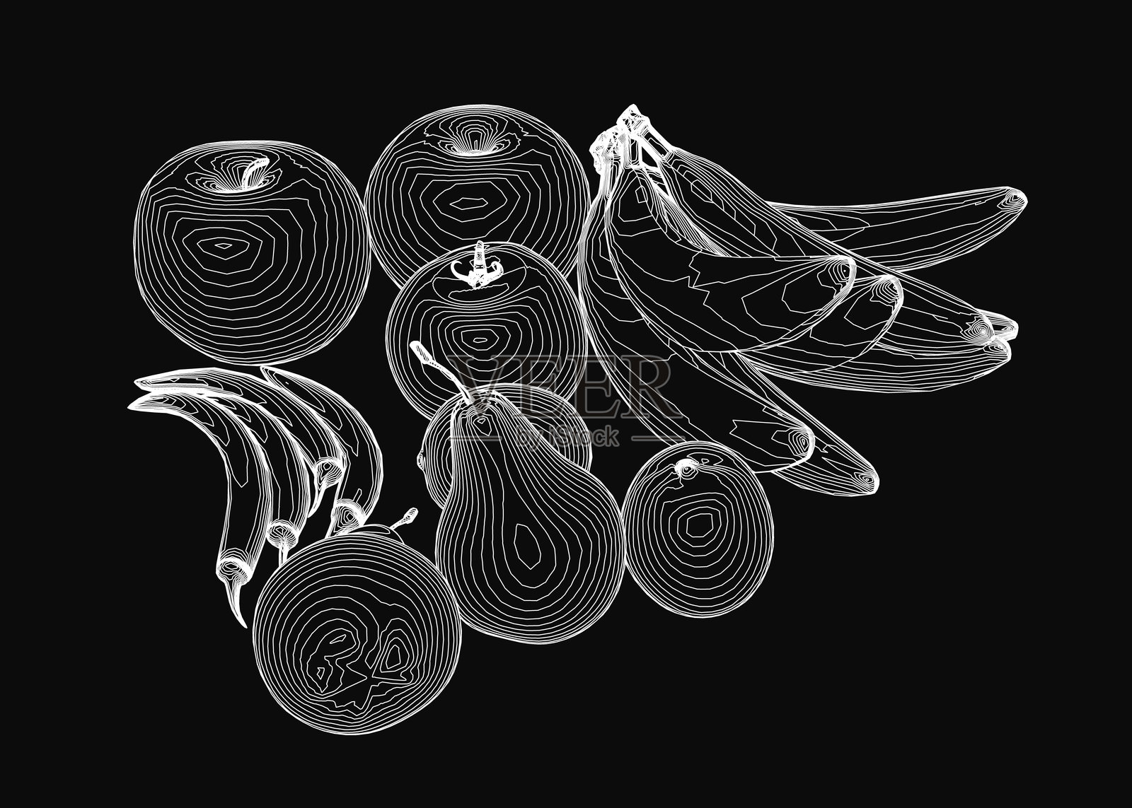 黑白轮廓插图，展示了一簇密集排列的香蕉，背景为纯黑色。重叠的水果与干净、粗犷的轮廓形成鲜明对比。插画图片素材