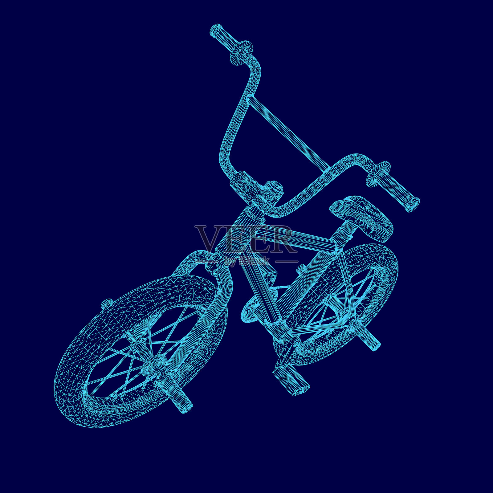 一辆线框BMX自行车的细节复杂，包括把手、踏板和车架，背景为引人注目的蓝色。干净的线条和对比突显了自行车的结构。插画图片素材