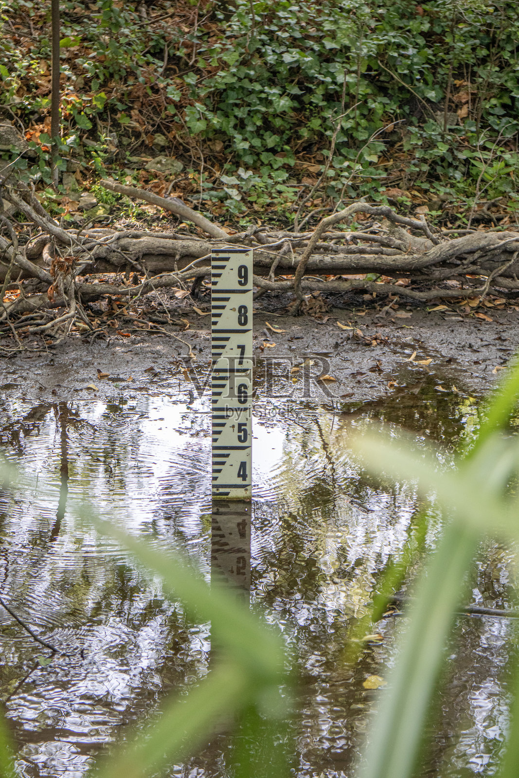 洪水计量器显示英格兰科茨沃尔德地区在干燥的春夏季节后河流水位非常低。照片摄影图片