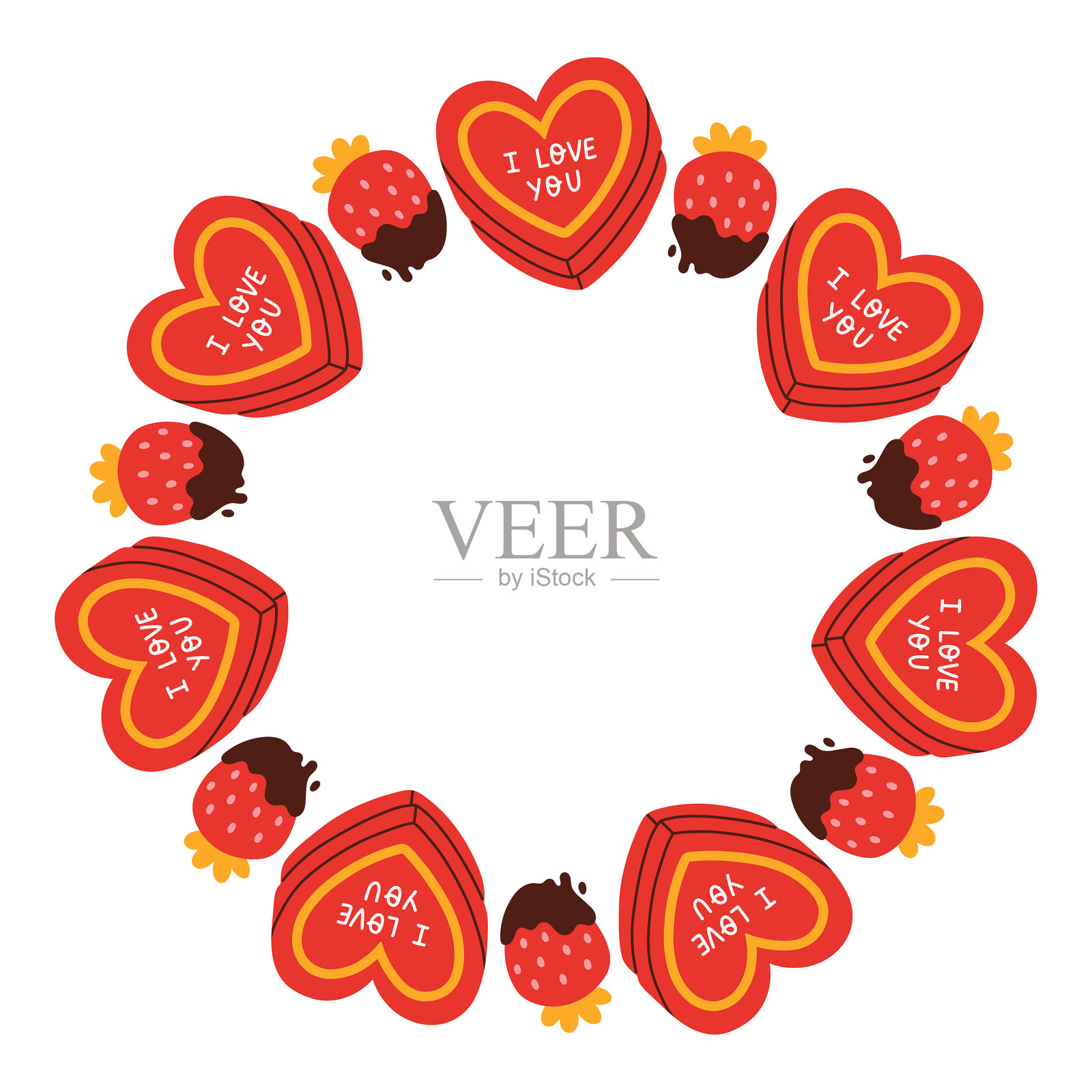 简单的情人节圆形框架。由不同爱情物品组成的圆形爱心主题边框。粉色和红色的快乐情人节手绘横幅矢量插图，背景为白色。插画图片素材