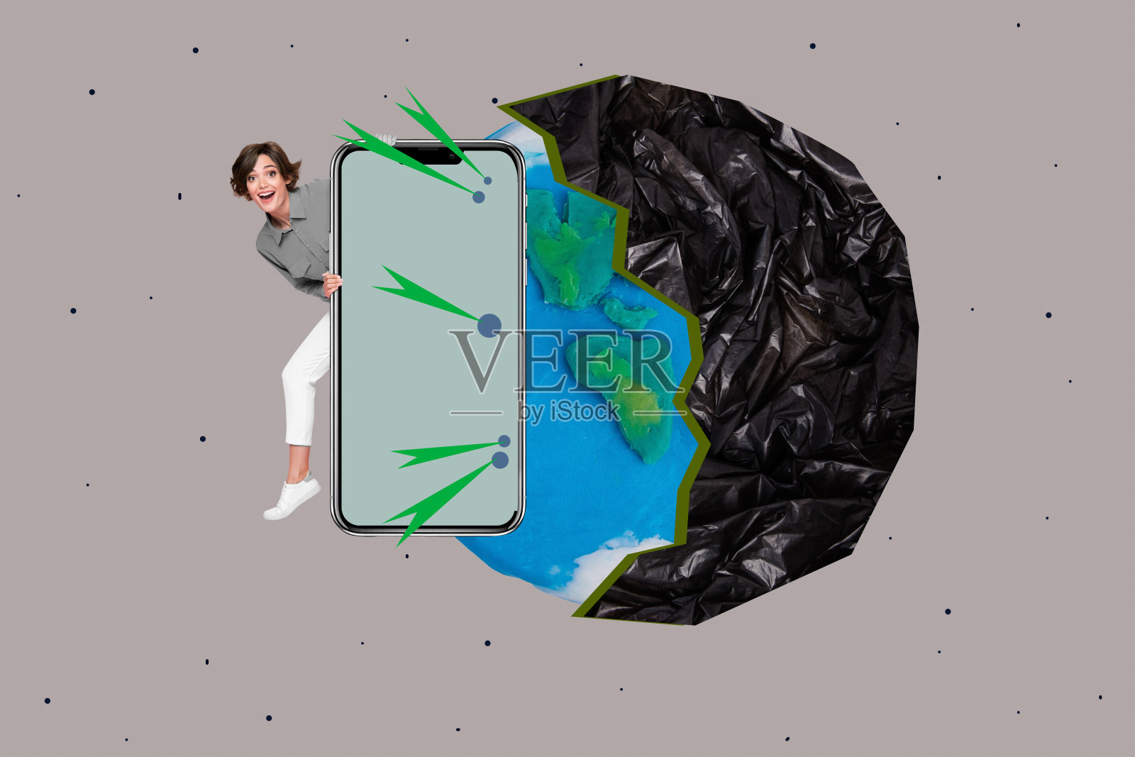 完整的杂志海报草图拼贴，快乐的女孩和男孩站在一起，拯救地球，保护垃圾，半个地球，塑料污染损害问题。照片摄影图片