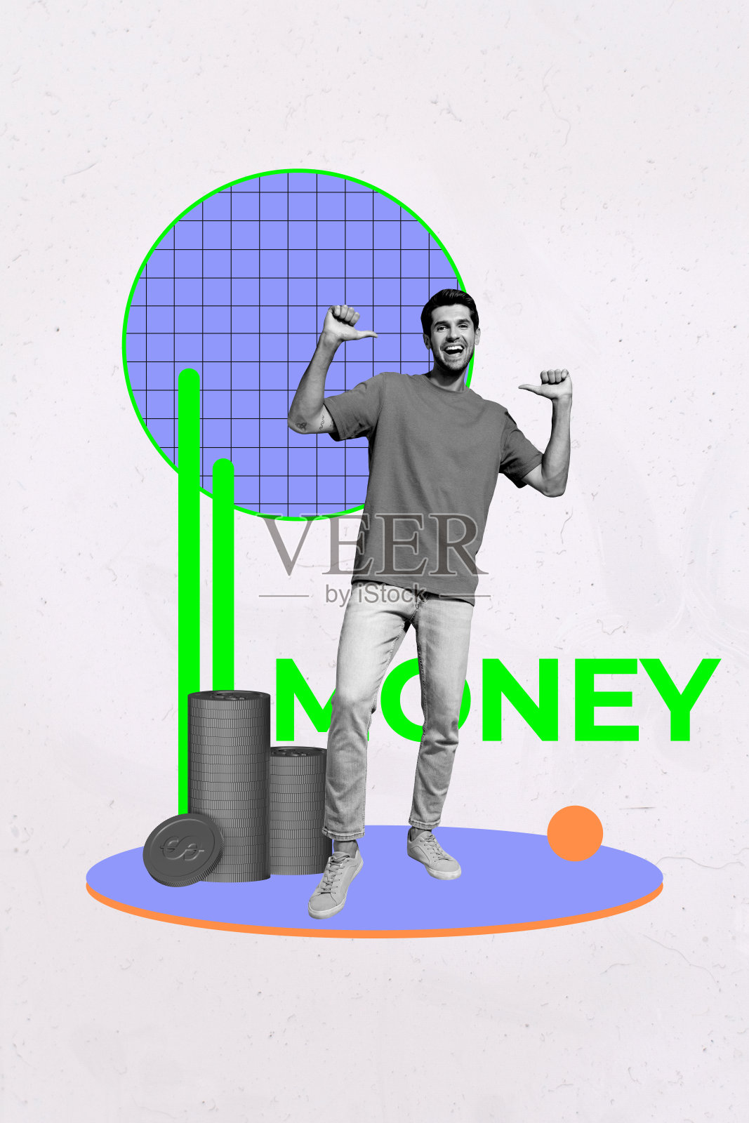 超现实拼贴画，工人站在自己身边，钱币和文本在粉彩背景上。照片摄影图片